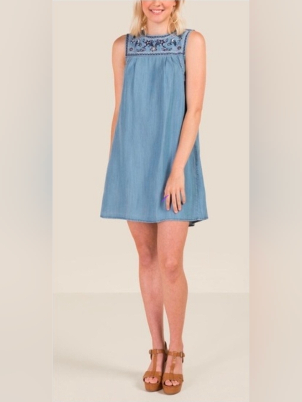 crown & ivy Blue Embroidered Yoke Chambray Mini Dress
